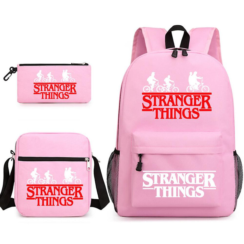(Pink) Stranger Things Backpack 3 Piece Set Student School Bag Canvas Bag Pink