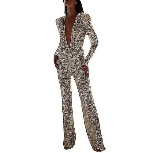 (L) Women's Jumpsuit Beaded Sequin Solid Color Deep V Elegant Party Wedding Regular Fit Long Sleeve 1