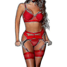(M, red) Sexy Lingerie Set For Women 4 Piece Bra And Panty Set With Garter Belt Strappy Lingerie Set With Thigh Cuffs