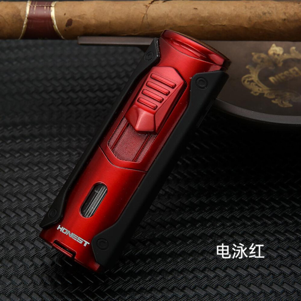 Yeuligo Red/Blue (Electrophoresis ) Personality And Versatility Four Straight Fire Gas Lighters Metal With Cigar Drill View Transom Gift Wholesale