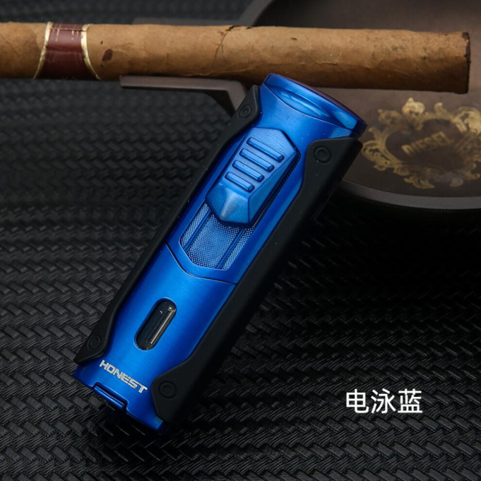 Yeuligo Blue (Electrophoresis ) Personality And Versatility Four Straight Fire Gas Lighters Metal With Cigar Drill View Transom Gift Wholesale