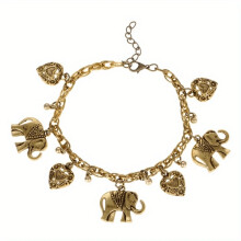 (Gold-color) Boho Vintage Carved Elephant Charm Bracelet - Romantic Heart Detail, Versatile Accessory