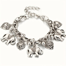 (SILVER PLATED) Boho Vintage Carved Elephant Charm Bracelet - Romantic Heart Detail, Versatile Accessory
