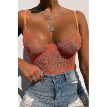 (S, orange) Backless Women's Lace Bodysuit
