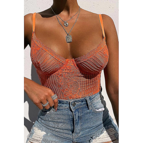 (L, orange) Backless Women's Lace Bodysuit