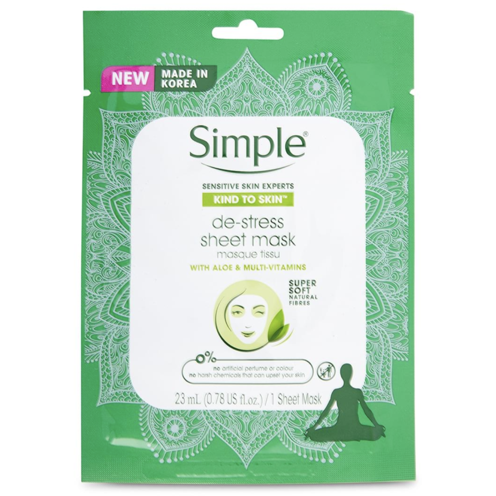 Simple De-Stress Sheet Mask Kind To Skin With Aloe Vera & Multi-Vitamins 23ml