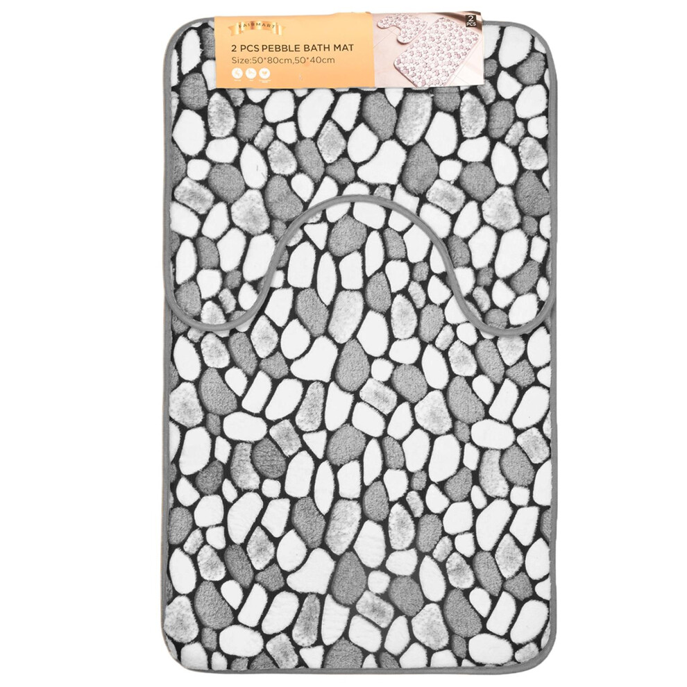 (Grey White) BathMat and Pedestal Set NonSlip 2Pcs bathroom Rug