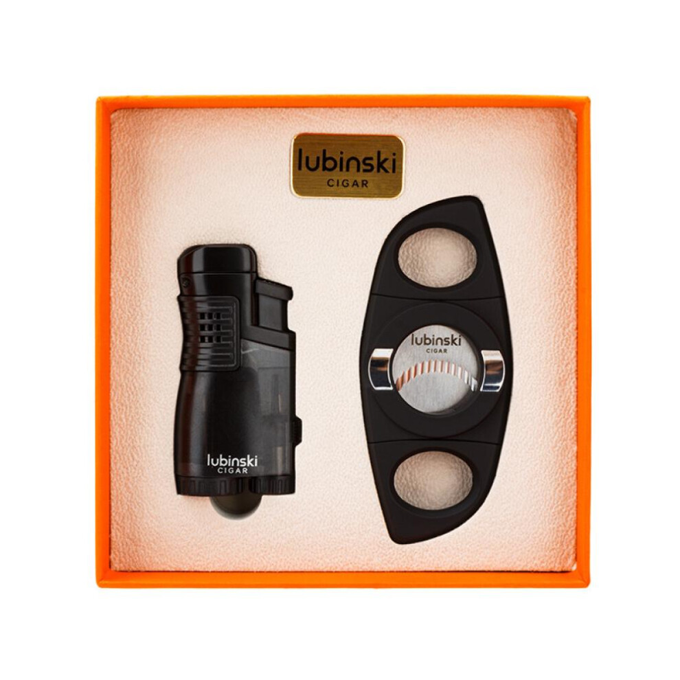 Yeuligo Black (Black) Cigar Suit Lighter Cigar Cutter Two-Piece Set Three Direct Punching Windproof Lighter Rubinski
