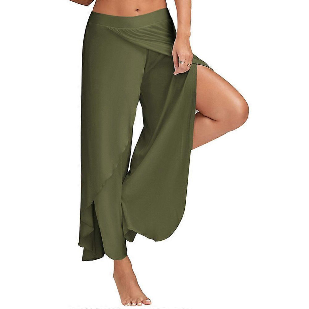 (L, Army Green) Women Casual Loose Plain Yoga Pants Side Split Breathable Soft Summer Sports Gym Pilates Trousers-image-OPC-PFVRGDW-NEW