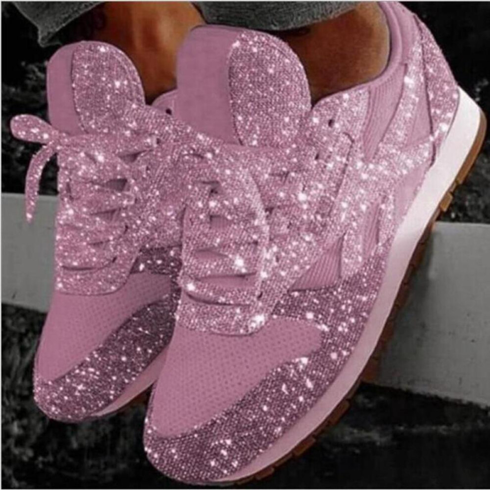 (pink, 40) Women Casual Glitter Shoes  Flat Shoes Ladies  Shoes Lace Up Sneakers Outdoor Running Shoes