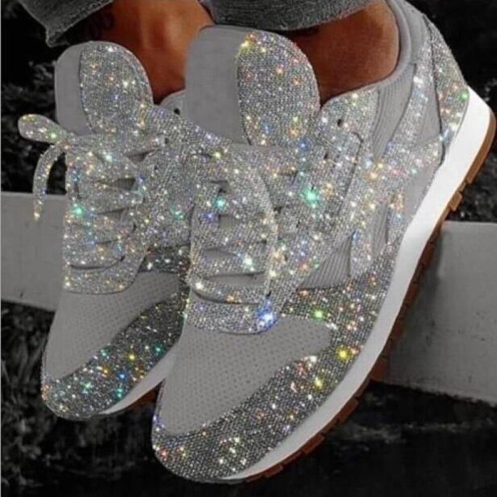 (silver, 40) Women Casual Glitter Shoes  Flat Shoes Ladies  Shoes Lace Up Sneakers Outdoor Running Shoes