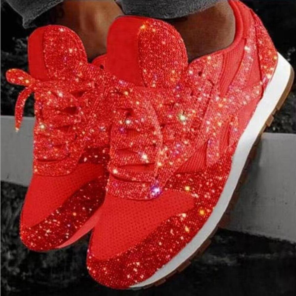 (red, 43) Women Casual Glitter Shoes  Flat Shoes Ladies  Shoes Lace Up Sneakers Outdoor Running Shoes