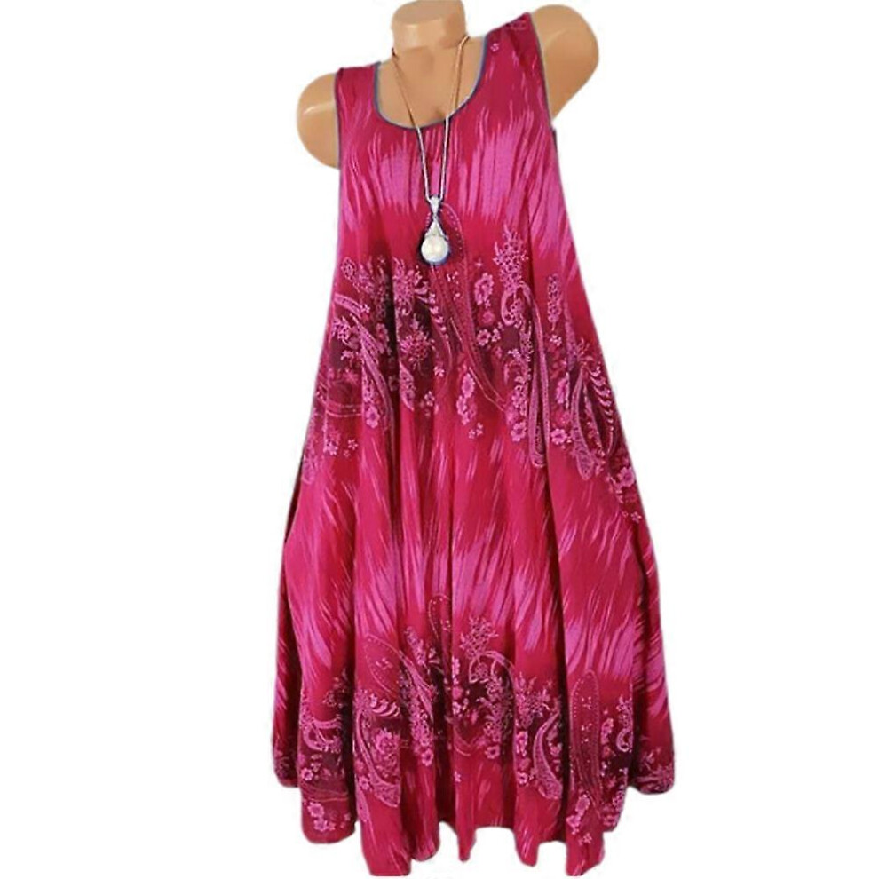 (2XL, Wine Red) Women Summer Retro Floral Sleeveless Dress Holiday Beach Ruffle Swing Dresses Loose Sundress Plus Size-image-OPC-PFVRH5Q-NEW