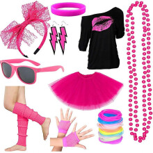 80s Costume Outfit Accessories for Women, T-Shirt Tutu Skirt Headband Earring Necklace Fishnet Gloves Legwarmers Bracelet Glasses 80s Party Set