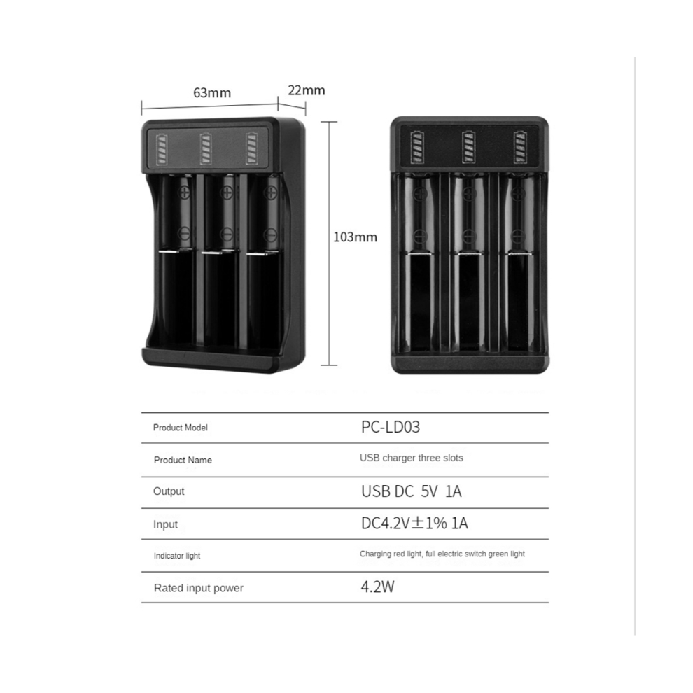 18650 Fast Charger with Type-C Cable Lithium Battery Charger, 3 Slot