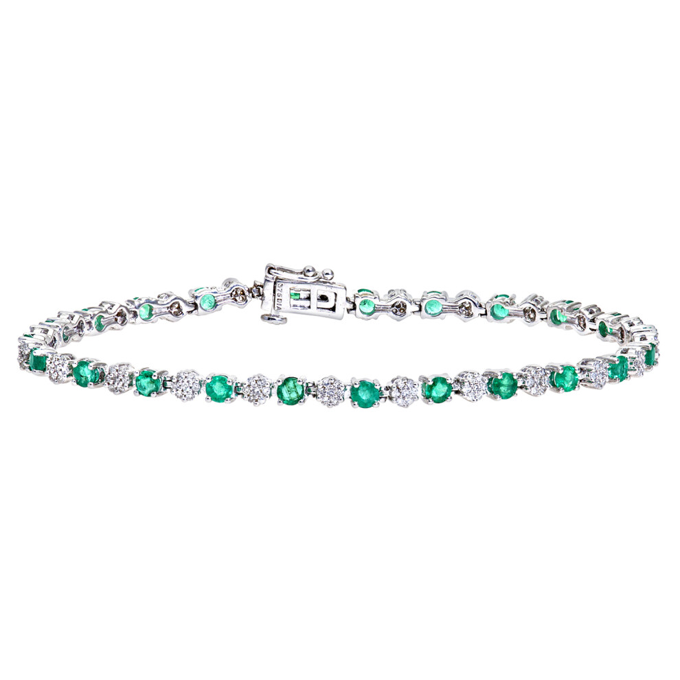 Jewelco London 9ct White Gold Round 0.63ct Diamond Round 2.7ct Emerald Alternating Cluster Tennis Bracelet - PBCAXL02516WEM