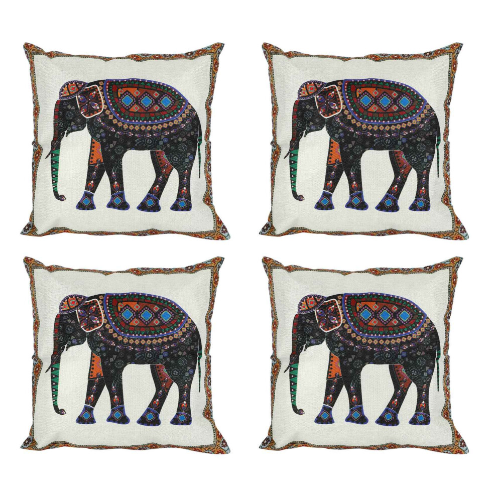 Lot de 4 housses de coussin en coton et lin tricotées indiennes avec motif d'éléphant