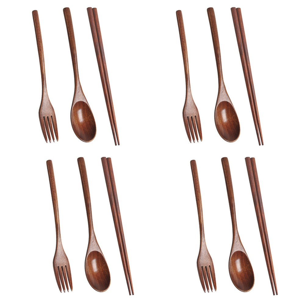 Lot de 4 couverts en bois portables et écologiques réutilisables avec cuillère, fourchette, baguettes