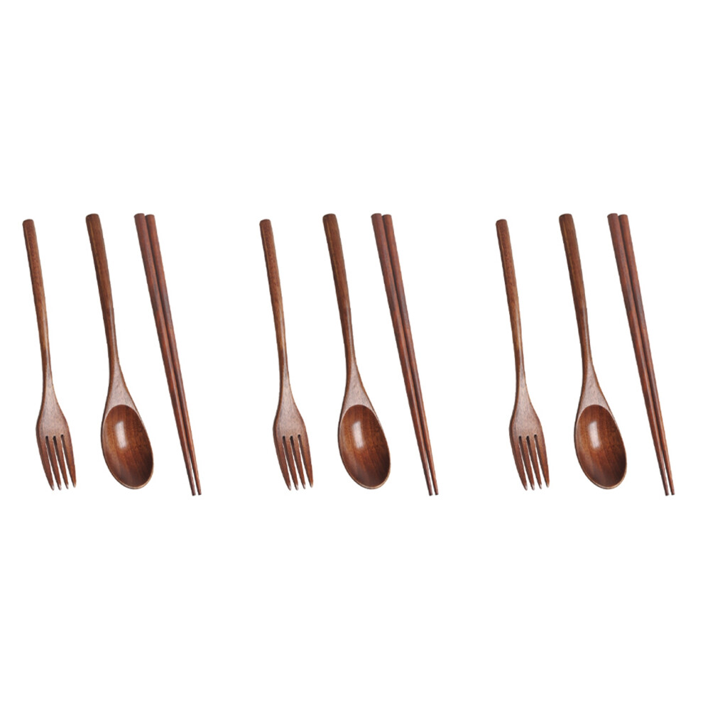 Ensemble de couverts en bois 3X Portable Écologique Réutilisable Couverts Ustensiles Ensemble Cuillère Fourchette Baguettes