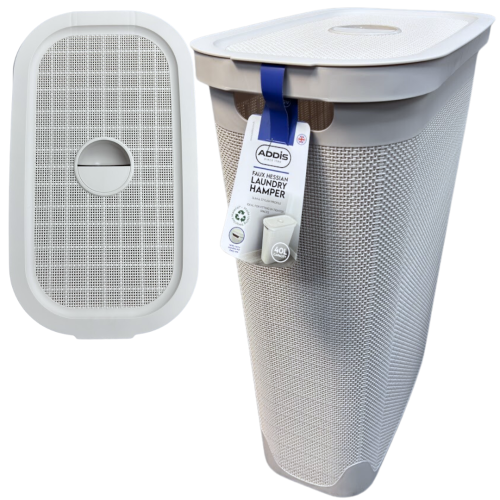Addis Faux Hessian 40L Slim Laundry Hamper Light Grey Recycled Plastic Compact Design