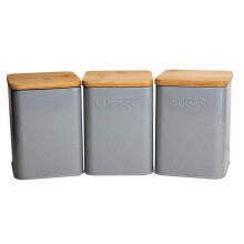 Canister Set of 3 Square Bamboo Lids Grey Airtight Metal Base Kitchen Storage