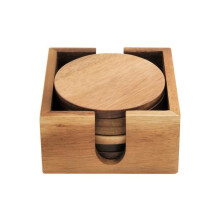 Acacia Coaster Set of 6 with Round Holder Natural Wood 10cm Protects Surfaces