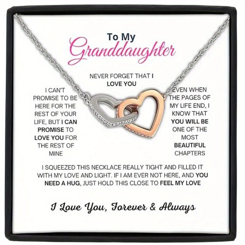 (Gold-color, Silver) Cherished Double Heart Necklace - for Granddaughters with Love Message