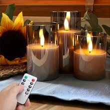 (Set 3 Remote Control Models) Elegant Gray LED Candle Light with Remote - Flickering Flameless Wax Melt Burner for Weddings, Birthdays & Christmas Decor