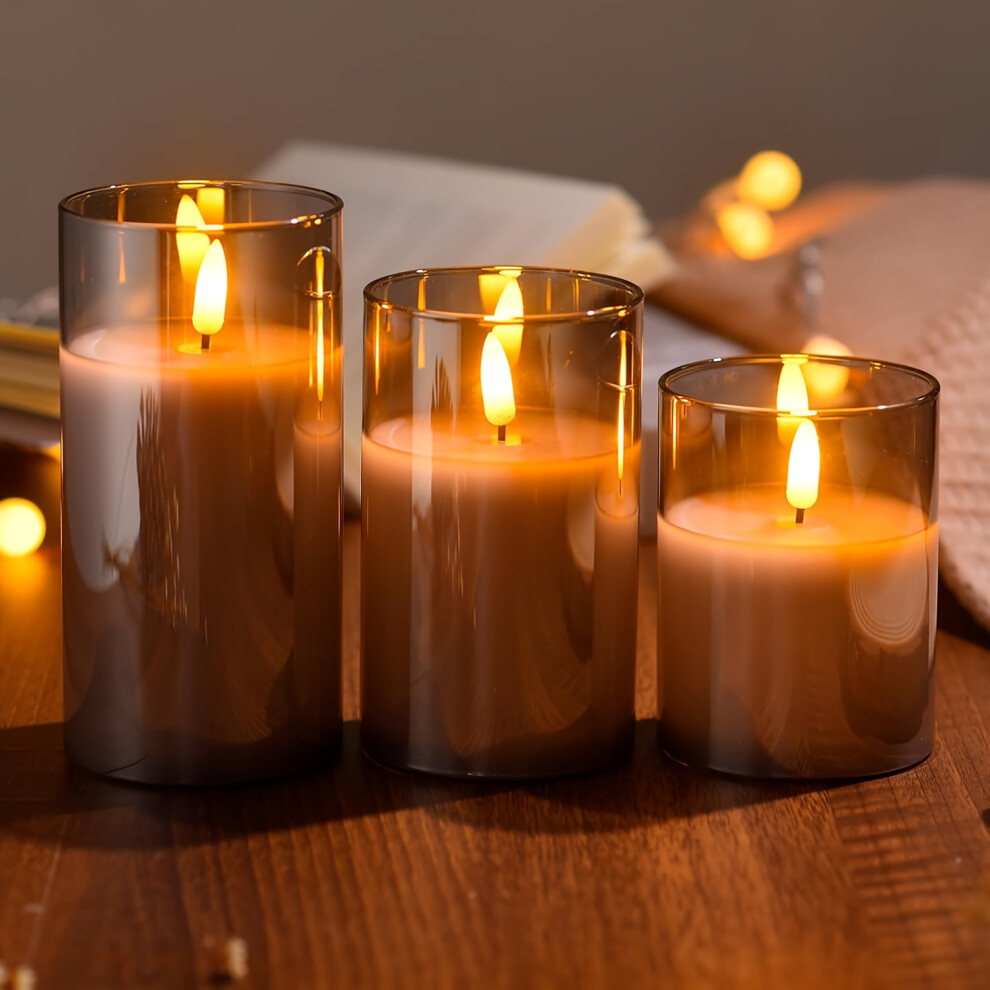 (Set 3 Without Remote Control Model) Elegant Gray LED Candle Light with Remote - Flickering Flameless Wax Melt Burner for Weddings, Birthdays & Christmas Decor