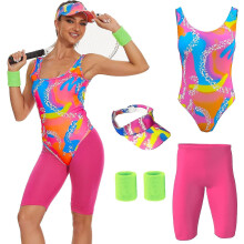(Medium) 80s Workout Costume For Women Halloween Cosplay Couples Outfits Swimwear Suit 80s 90s Workout Costume Outfit 5pcs Set_xush