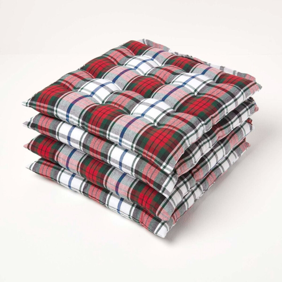 Homescapes (Set Of 4) Macduff Tartan Seat Pad With Button Straps 100% Cotton Red