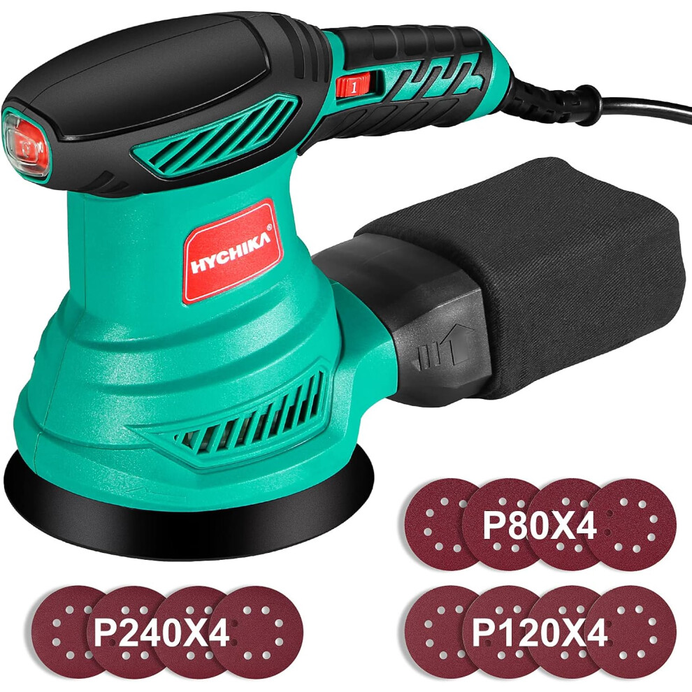 Hychika Orbital Sander, 300W 13000Rpm Random Orbital Sander, 6 Variable Speeds, 125Mm 12Pcs Sandpapers 90449024