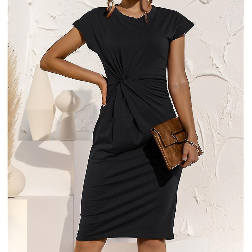 (L, Black) Women Sundress Short-sleeved   Fit Base Bottoming Mid-length Kink Dress X-image-OPC-PFVTBNQ-NEW