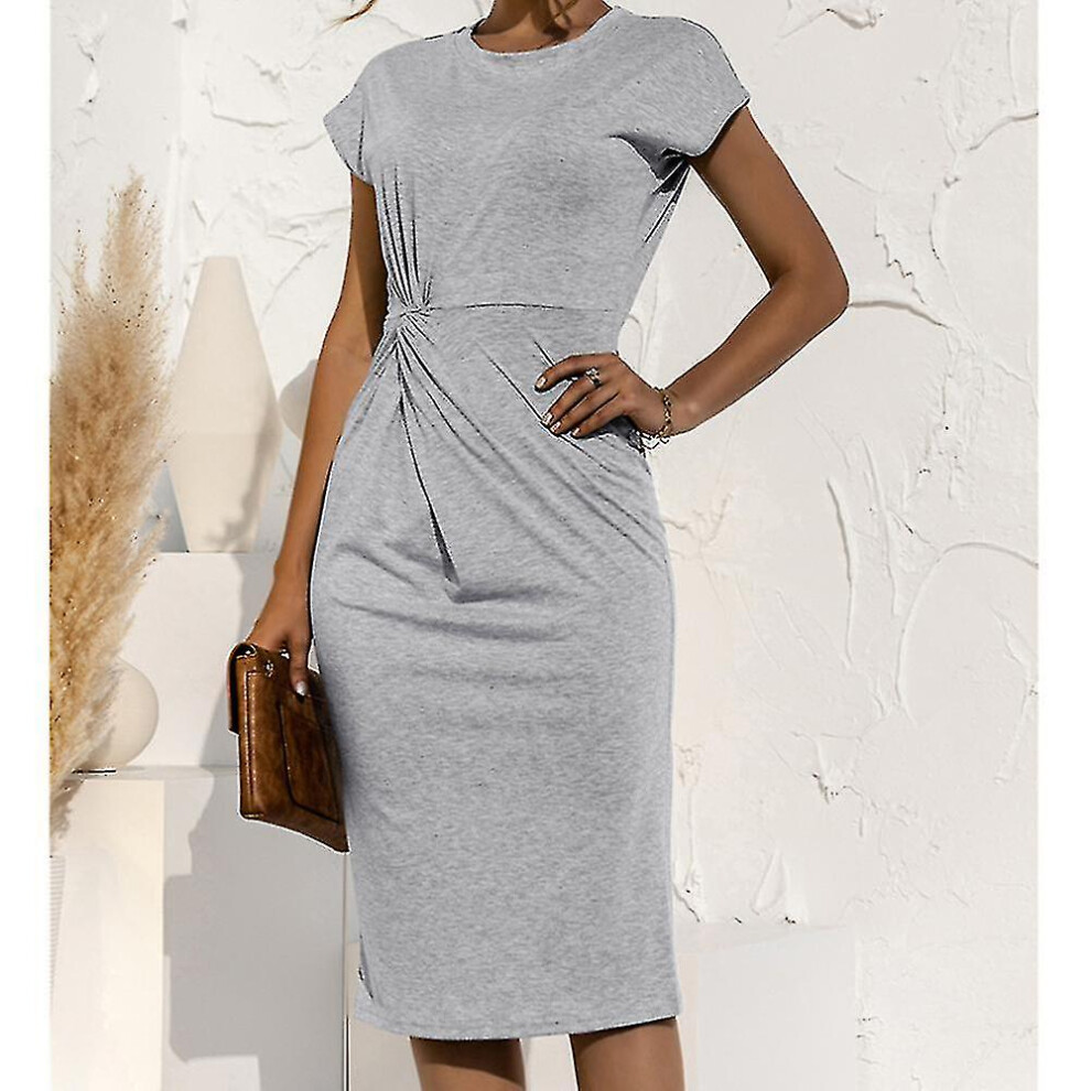 (M, Light grey) Women Sundress Short-sleeved   Fit Base Bottoming Mid-length Kink Dress X-image-OPC-PFVTBNJ-NEW