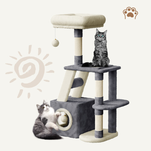 (Dark Grey/Beige) 107cm Cat Tree Four-Layer Soft Plush Cat Tower With Scratch Post Top Perch 2