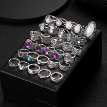 (AYASilver) 30Pcs/Set Bohemia Vintage Exaggerate Rings For Women Purple Crystal Oval Opal Silver Color Rings