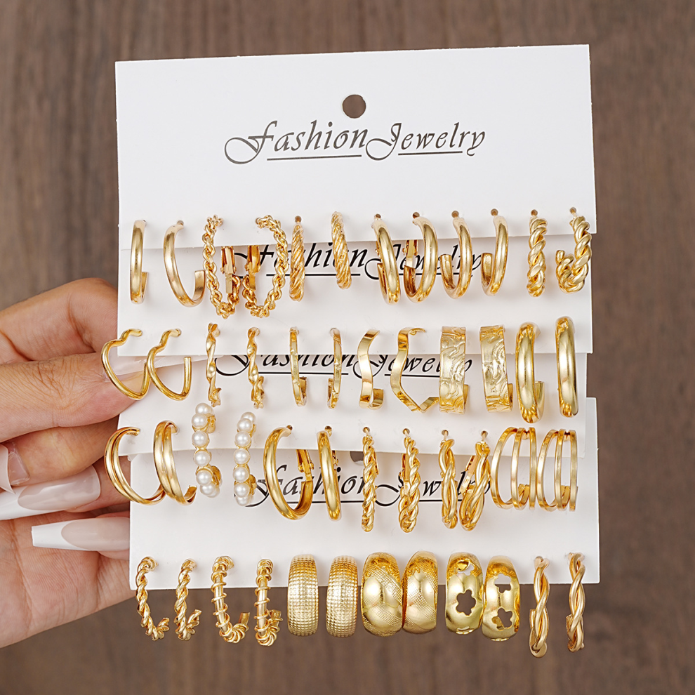 (AY5917001) 24-Pair Vintage-Inspired Small Hoop Earring Set For Women Elegant Geometric Iron Ear Ornaments