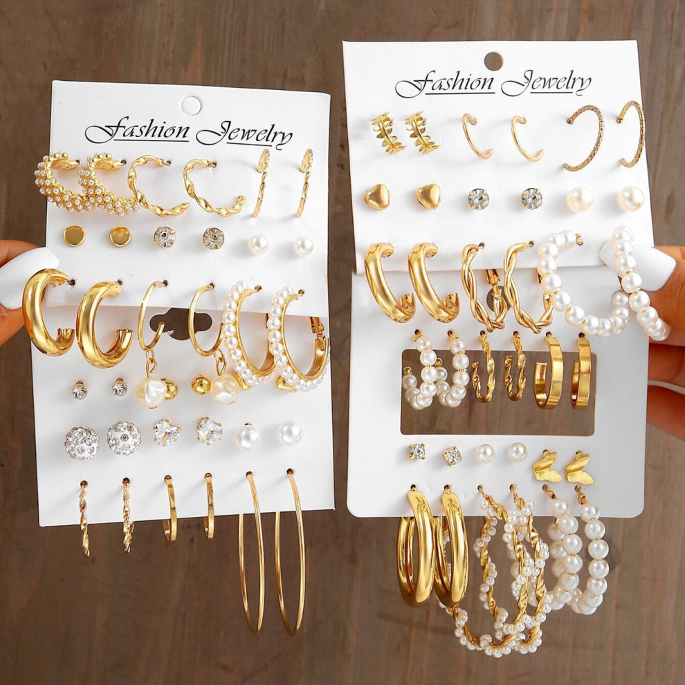 (AY5698801HB) 24-Pair Vintage-Inspired Small Hoop Earring Set For Women Elegant Geometric Iron Ear Ornaments