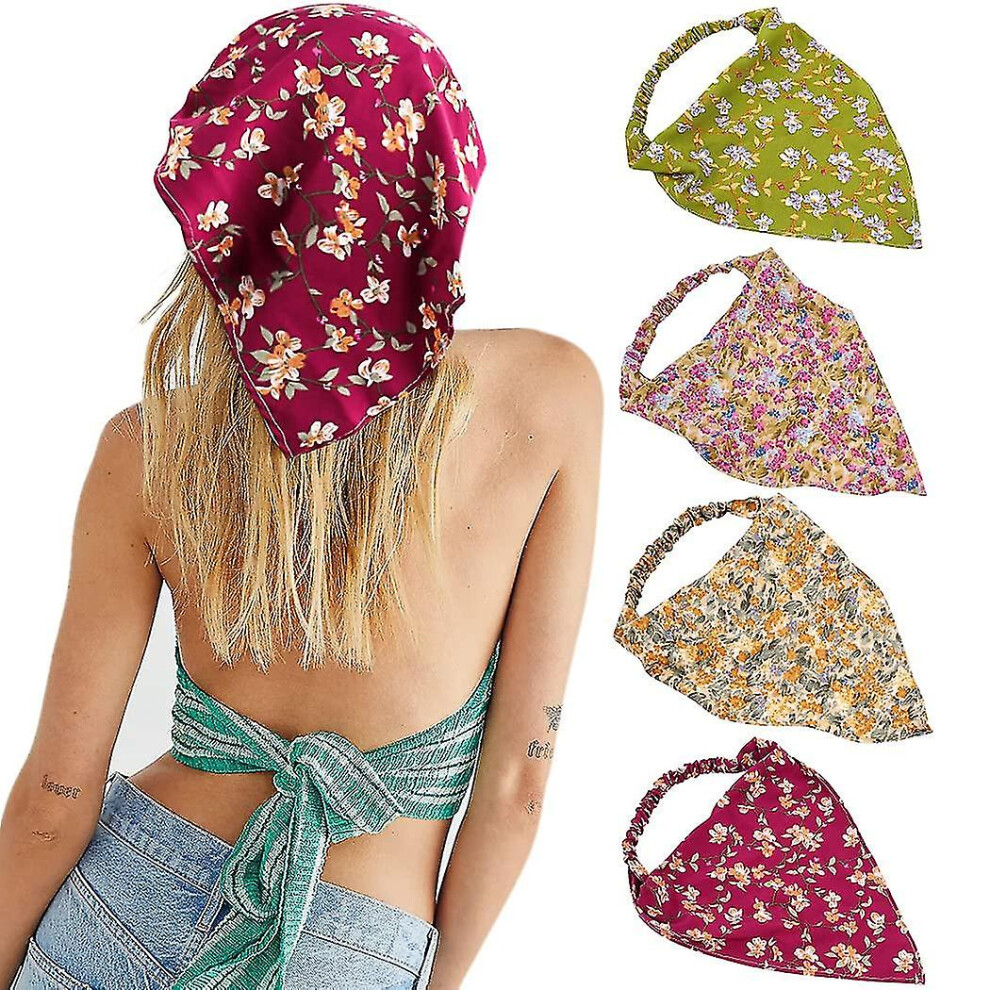 Lot de 4 bandanas floraux, Bandana pour femme, Foulard en mousseline de soie, Bandana floral avec pinces