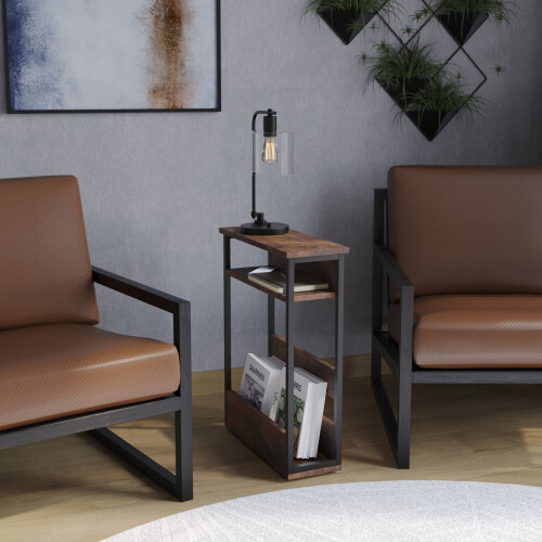 URBN Living (Rustic Brown) 3 Tier Slim Coffee Side Table Newspaper Magazine Shelf Rack Bedside Sofa End 2