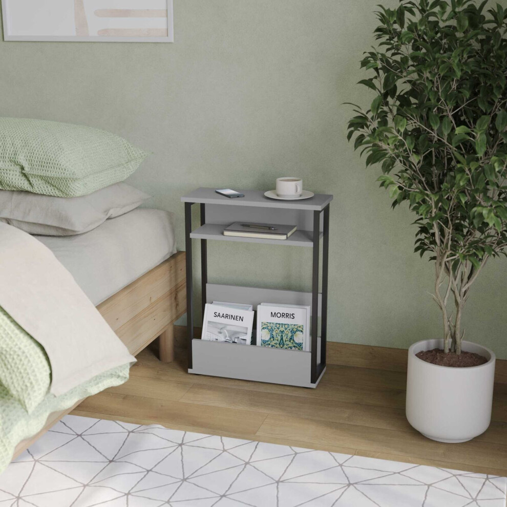 (Grey) 3 Tier Slim Coffee Side Table Newspaper Magazine Shelf Rack Bedside Sofa End