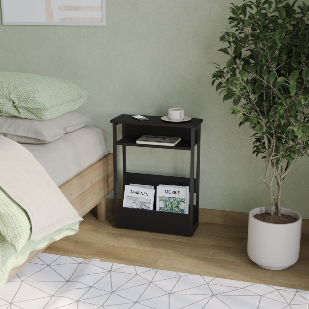 (Black) 3 Tier Slim Coffee Side Table Newspaper Magazine Shelf Rack Bedside Sofa End