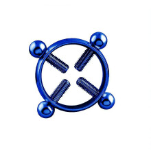 (Blue) Adjustable Titanium Round Fake Non-piercing Nipple Ring Shield Jewelry