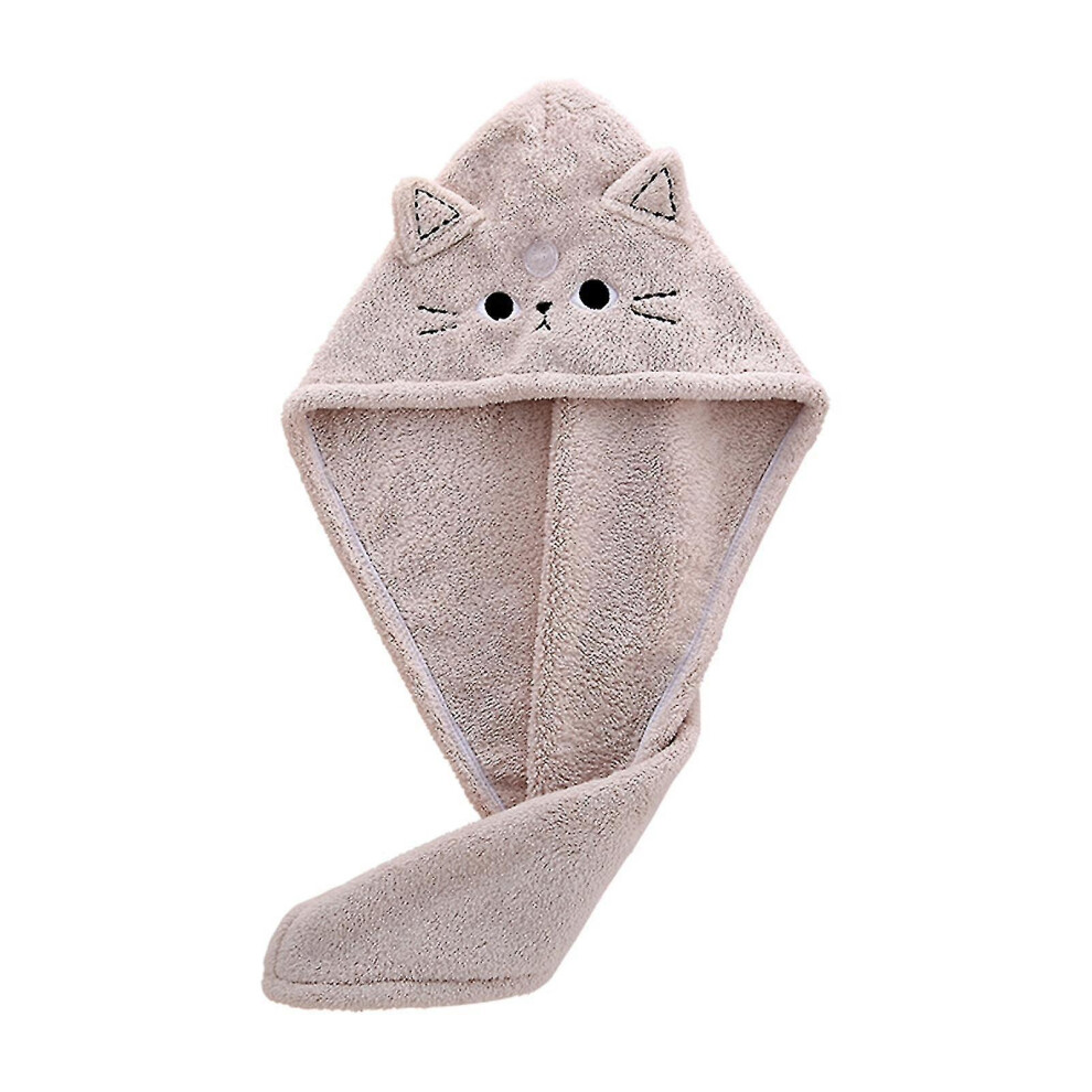 (Coffee) Hair Drying Hat Super Soft No Shedding Coral Fleece Cute Kitty Shower Hat Dry Hair Towel Wrap Bathroom Gadget Daily Use Kaesi-image-OPC-PFVTH87-NEW