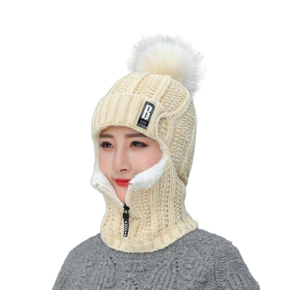 (Beige) Lady Wool Knitted Ski Hats Neck Warm Winter Outdoor-image-OPC-PFVTHGW-NEW