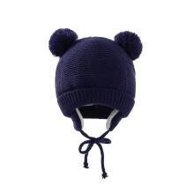(Navy Hat) Cute Knitted Pompom Baby Hat Thick Warm Girls Boys Beanie Winter Ear Warm Cap Set Kids Gloves Hats Bonnet