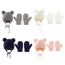 (Navy Set) Cute Knitted Pompom Baby Hat Thick Warm Girls Boys Beanie Winter Ear Warm Cap Set Kids Gloves Hats Bonnet
