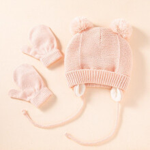 (Pink Set) Cute Knitted Pompom Baby Hat Thick Warm Girls Boys Beanie Winter Ear Warm Cap Set Kids Gloves Hats Bonnet