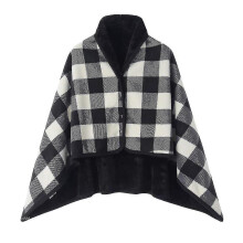 (Black White) Women Multiway Plaid Poncho Shawl Wrap Fleeced Wearable Blanket Ultra Soft Sherpa Flannel Cape - q37