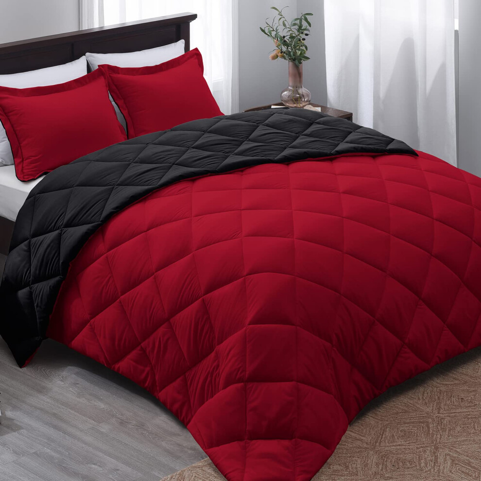 Basic Beyond Queen comforter Set - Red and Black comforter Set Queen Size Reversible Bed comforter Queen Set for All Seasons 1 comforter 88x92 and 2